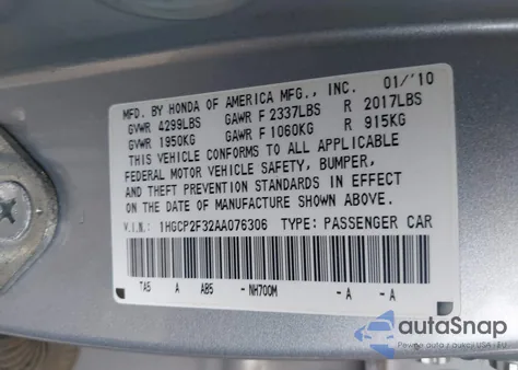 2010 Honda Accord 2.4 Lx from USA, damaged, VIN 1HGCP2F32AA076306